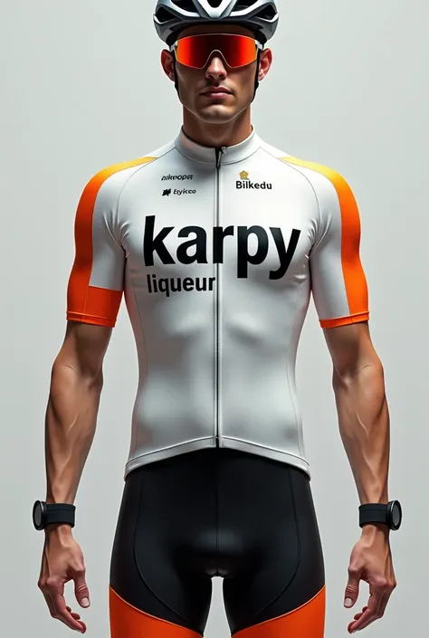 cyclist with white jersey. AN ORANGE STRIPE ON THE SLEEVES. On the labeled chest " Karpy liqueur". In the black culotte, some orange stripes. "Karpy liqueur"
