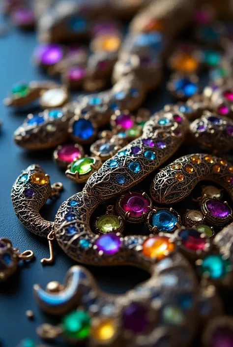 A tantalizing close-up shot of a vibrant necklace featuring intricate snake designs. The camera zooms in on the delicate coils and scales of the serpent, set against a kaleidoscope of colorful gemstones that seem to dance across the metal. Soft lighting hi...