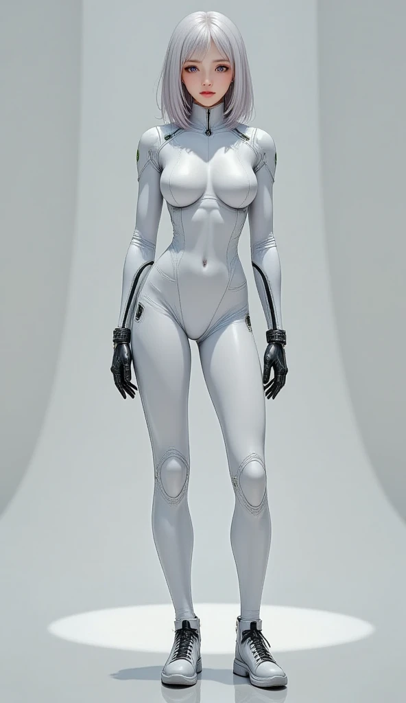 A full-body portrait of a newly created android that closely resembles a human, with delicate features and almost lifelike skin. The android's face is serene and neutral, lacking expressive emotions due to its recent creation. The eyes occasionally glow wi...