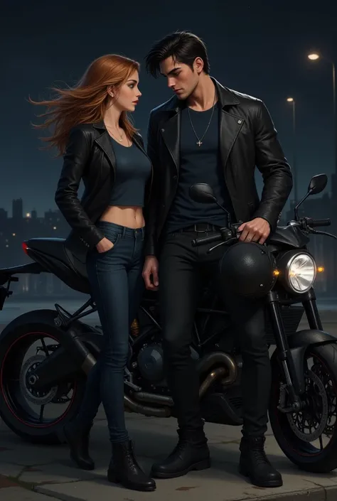 young couple, 21 year old bad boy man , high, strong, neck-length black hair and disheveled , and blue eyes,  fair skin ,  jawed pants and full lips, He's wearing black pants and a black t-shirt and a black leather jacket,  he looks down looking at her ,  ...