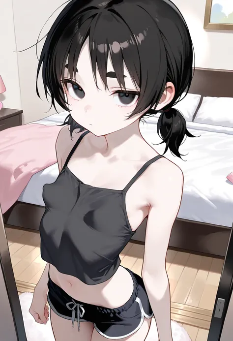 cute girl, (short girl), (small girl), asian beauty, schoolgirl, (solo), (1girl), (alone), black camisole top, midriff, black shorts, thighs, narrow waist, (perky breasts), perky, skinny body, (pitch black hair), asian, short twintails, low twintails, (pit...