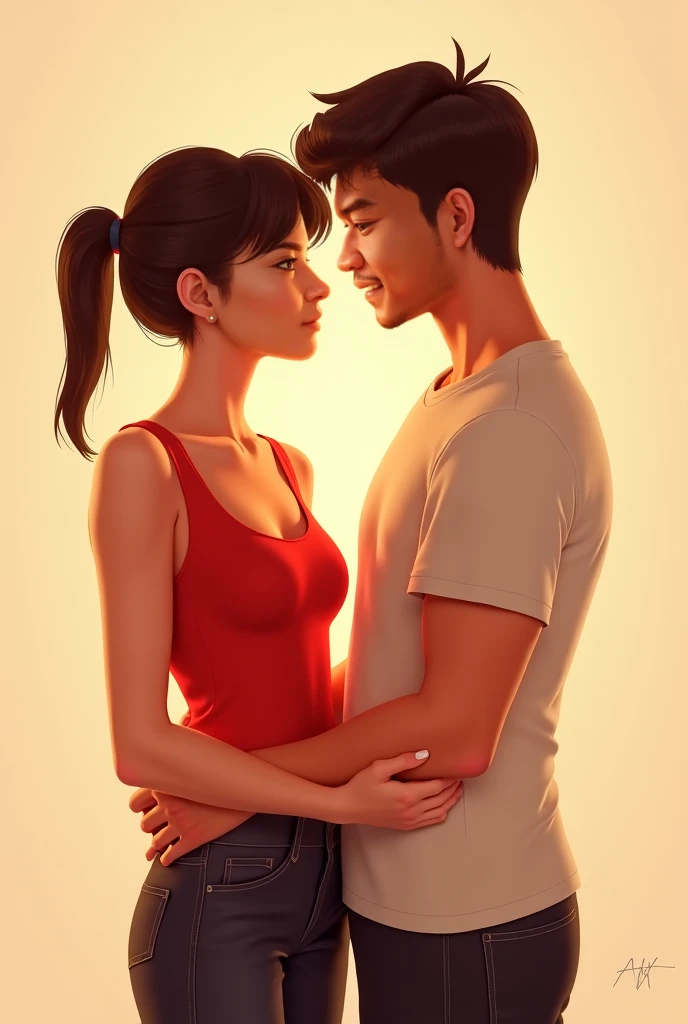 Make a couple, standing next to each other, the woman wear a red tanktop and tied hair, and the man wear a plain t shirt