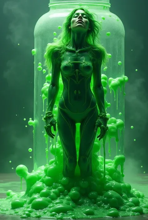 photo-realistic, ultra-realistic, very beautiful french girl, famous french idol, 20 years old, dramatic scene, masterpiece, beautiful eyes, wear a green slime skinsuit, She is trapped in a transparent body-fitting humanoid container full of green slime li...