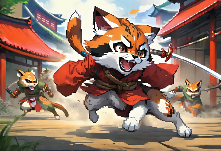 top quality, high-quality illustrations((masterpiece))depth of field, motion blur, absurdres, Perfect Anatomy, magnificent picture of kemono fighting fierce battles, kemono, 1boy, solo focus, Anthro((dramatic))epic, weapon, dynamic pose, One scene of movie...