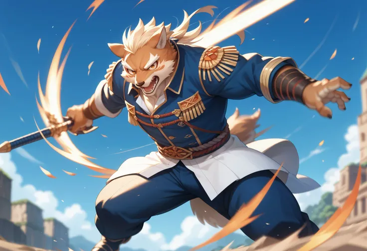 top quality, high-quality illustrations((masterpiece))depth of field, motion blur, absurdres, Perfect Anatomy, magnificent picture of kemono fighting fierce battles, kemono, 1boy, solo focus, Anthro((dramatic))epic, weapon, dynamic pose, One scene of movie...