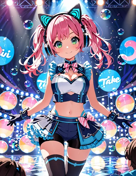 masterpiece, high quality, high res, highly detailed, 8k, 1girl, solo, pop idol, pink hair, pigtails, twin-tails, green eyes, blush, smile, cute face, (cat-eared headphones), idol outfit, ((frilly, midriff, sleeveless, 1cutout, cleavage cutout, matching gl...