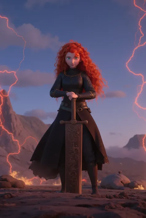 Anime Girl，Pitch-black armour, A two-handed giant sword with a dragon carving is stuck in the ground in front of you，He holds a huge two-handed sword with a dragon carved on it.，whole body，Panoramic lens,The body is surrounded by red lightning and flames,b...