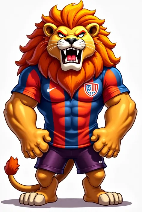 Full body mascot of an angry muscular lion showing his teeth,  teeth wearing a red and orange striped jersey with the Galatasaray team shield 