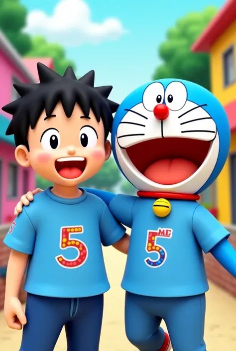 Nobita and Doraemon wear light blue shirts with the number 5 and a text RC5 