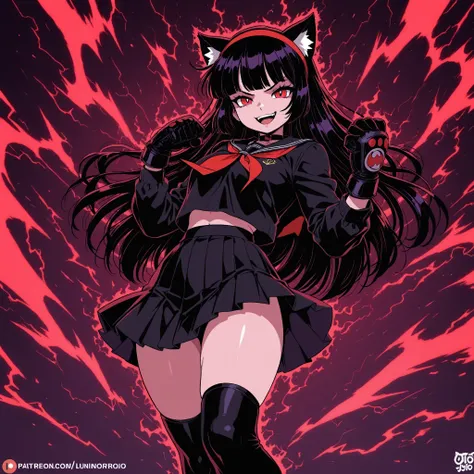 A girl, long hair with bangs with headband, color black,Ojos rojos,Lunatic smile, school uniform ,skirt,fighting gloves,red and black colors,thunder aura,herida, cat's ears, sexy pose, seen from below