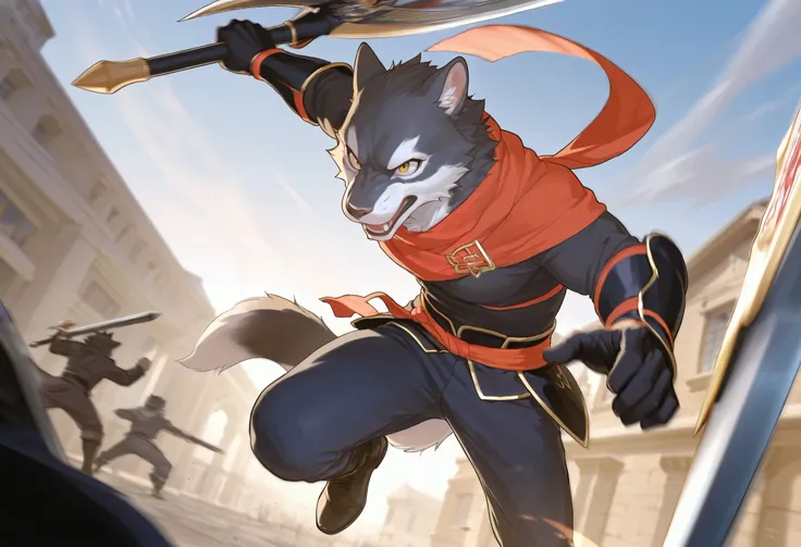 top quality, high-quality illustrations((masterpiece))depth of field, motion blur, absurdres, Perfect Anatomy, magnificent picture of kemono fighting fierce battles, kemono, 1boy, solo focus, Anthro((dramatic))epic, weapon, dynamic pose, One scene of movie...