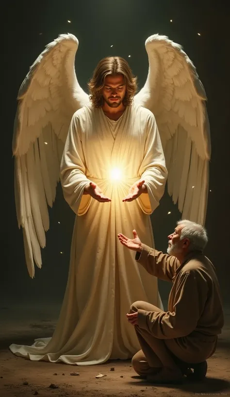 ( photorealism: 1.2), Representation of the angel Michael , Young, beautiful,  look charismatic, white and beige clothes , no jewelry, illuminated, rays of light, Light of faith emanating , Emanating light with the palms of your hands, Protecting an old ma...