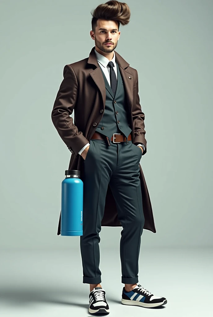 A handsome man with big hair with a tuft wearing an elegant blue thermos and stylish sneakers 