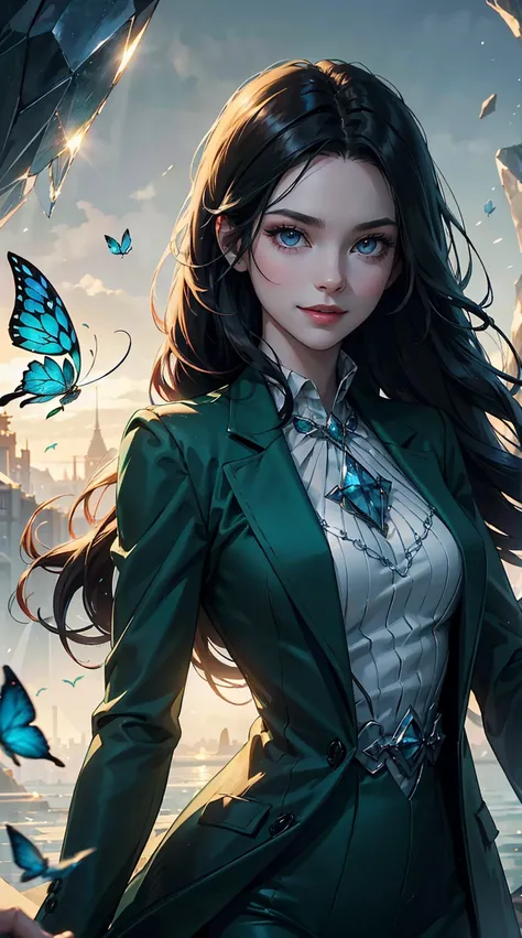 One young woman, kind face, smiling, green suit longcoat, red princess dress, 2 meters long black hair, grey eyes, crystal-like eyes, hd light and dark, balance rendering, HD lighting and dark )<=(epic image quality) light atmosphere, blue butterfly in the...