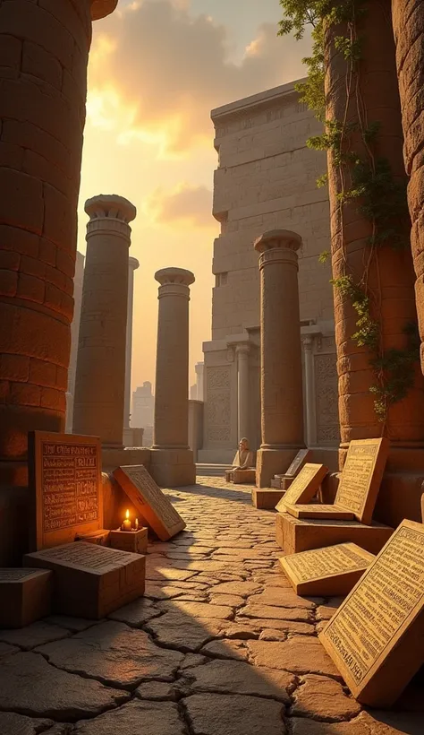 A detailed and atmospheric scene featuring ancient Canaanite texts, weathered stone tablets covered in mysterious inscriptions and intricate symbols glowing faintly under dim torchlight. Surrounding the texts are towering statues of Canaanite deities, thei...