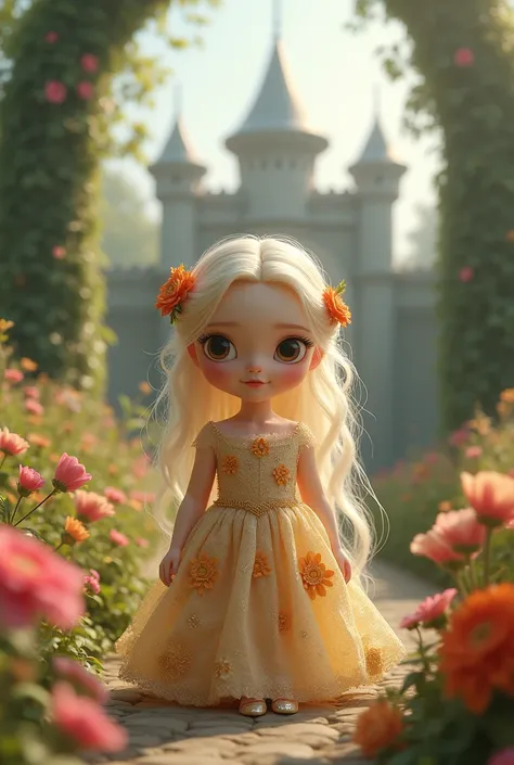 's face doll porcelain light blond hair hairdresser hairstyle  gold dress with flower drawings , Glass slippers ,Between flowers and trees ,Castle Gate 