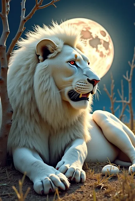   white lion lying on his side in anger and red eyes with dry trees. lion with huge mane and paw on top of the word  "Ed".  A the big word written in rays. And the lion bowing at the word "Ed". And with a leg in the word "Ed". And a full Moon . 