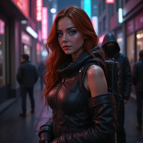 photo of a naturally beautiful young woman with long flowing hair. She has pale, porcelain-like skin and an elegant nose. She is wearing well-worn futuristic combat armour and is stood in a dark alleyway of a neon-lit cyberpunk city. Mysterious figures and...