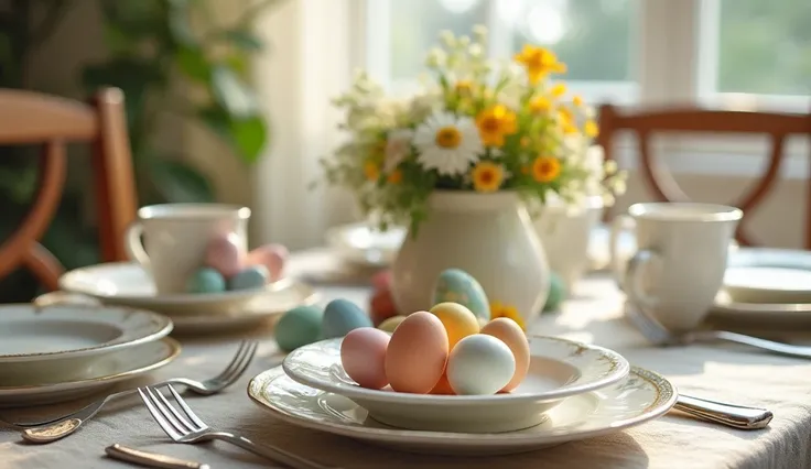  porcelain plates “Photograph a breakfast table decorated for Easter , with ,  vintage silverware and a central arrangement of decorated eggs and fresh flowers,  capturing the cozy and festive atmosphere with soft morning light .”