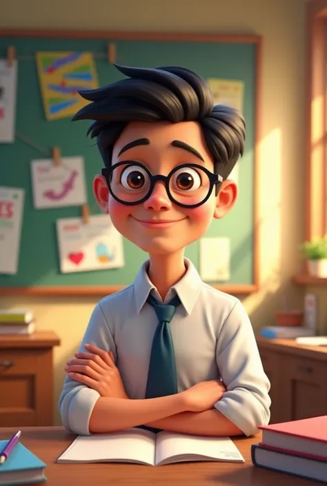 Create a Disney-style image of a male teacher, negro,  well-cut hair , glasses 