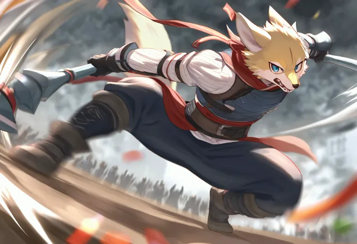 top quality, high-quality illustrations((masterpiece))depth of field, motion blur, absurdres, Perfect Anatomy, magnificent picture of kemono fighting fierce battles, kemono, 1boy, solo focus, Anthro((dramatic))epic, weapon, dynamic pose, One scene of movie...