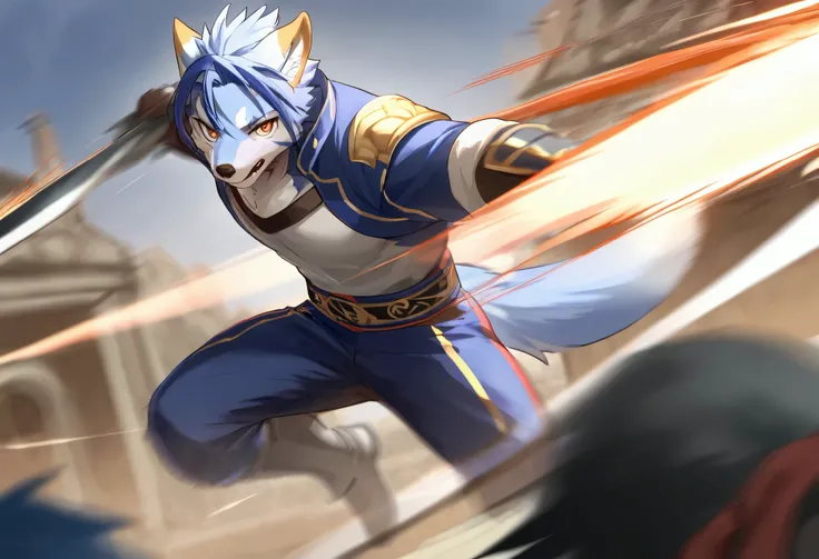 top quality, high-quality illustrations((masterpiece))depth of field, motion blur, absurdres, Perfect Anatomy, magnificent picture of kemono fighting fierce battles, kemono, 1boy, solo focus, Anthro((dramatic))epic, weapon, dynamic pose, One scene of movie...