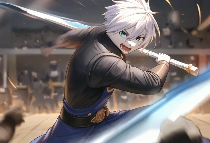 top quality, high-quality illustrations((masterpiece))depth of field, motion blur, absurdres, Perfect Anatomy, magnificent picture of kemono fighting fierce battles, kemono, 1boy, solo focus, Anthro((dramatic))epic, weapon, dynamic pose, One scene of movie...