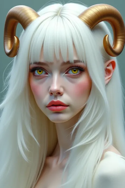 Woman with white hair with delicate yellow sheep eyes and beautiful sheep horns 