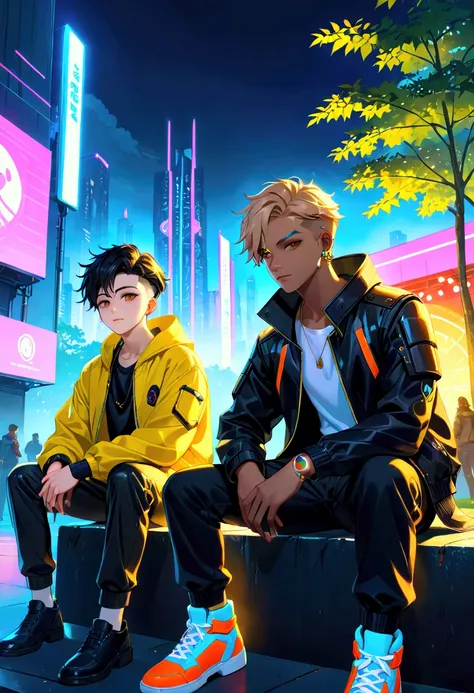 two characters in the foreground ,  the two boys one has black hair in two layers and slanted light hazel eyes; The other has light brown hair and a bindi , sitting in a park with a cyberpunk stage in a friendly pose