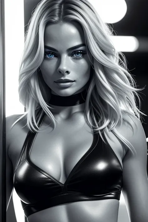 1 girl, fit body, in new york, neon signs, high resolution, ultrasharp face and eyes, 8k, sensual look, hands not showing, upper body, Margot Robbie, long blonde hair, smooth, symetric eyes, detailed face, black and white but blue eyes