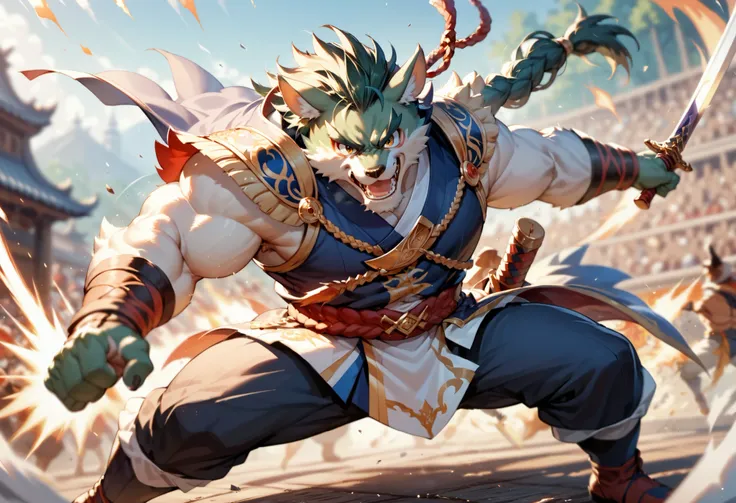 top quality, high-quality illustrations((masterpiece))depth of field, motion blur, absurdres, Perfect Anatomy, magnificent picture of kemono fighting fierce battles, kemono, 1boy, solo focus, Anthro((dramatic))epic, weapon, dynamic pose, One scene of movie...