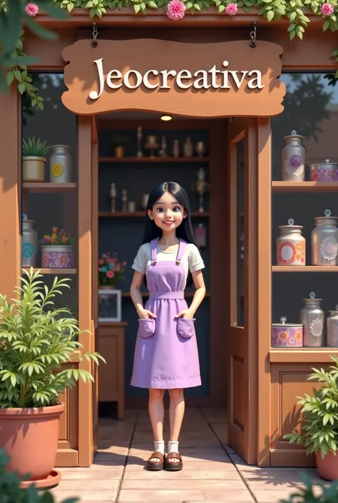  A young lady with straight black hair wearing a pink and lilac apron standing on the side of a gift shop, tulips and crafts with a wooden facade, large glass windows and a wooden sign with the name Jeocreativa and a logo of the face of a bear with a ribbo...