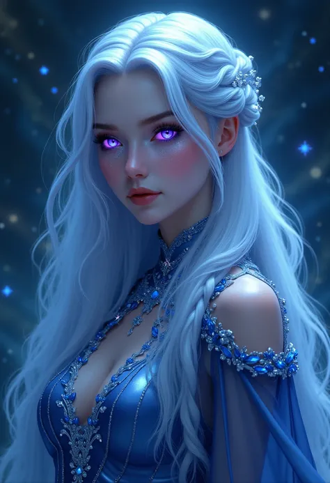 Visuals: Long, silky silver-blue hair, often styled in elegant waves or intricate braids. Eyes that glow deep violet under certain lighting.

Outfits: Flowing midnight blue and silver dresses with shimmering celestial embroidery, like constellations. Capes...