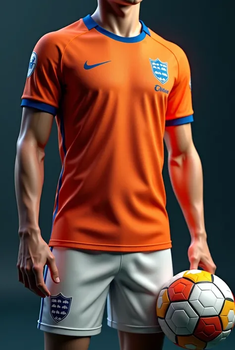 a close up of a soccer uniform with a soccer ball, a digital rendering inspired by Slava Raškaj, trending on cg society, renaissance, rendered in corona, pre-rendered, coloured in blueberra and orange, best on adobe stock, rendered, rendered image, jonas r...