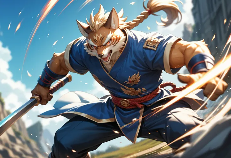top quality, high-quality illustrations((masterpiece))depth of field, motion blur, absurdres, Perfect Anatomy, magnificent picture of kemono fighting fierce battles, kemono, 1boy, solo focus, Anthro((dramatic))epic, weapon, dynamic pose, One scene of movie...