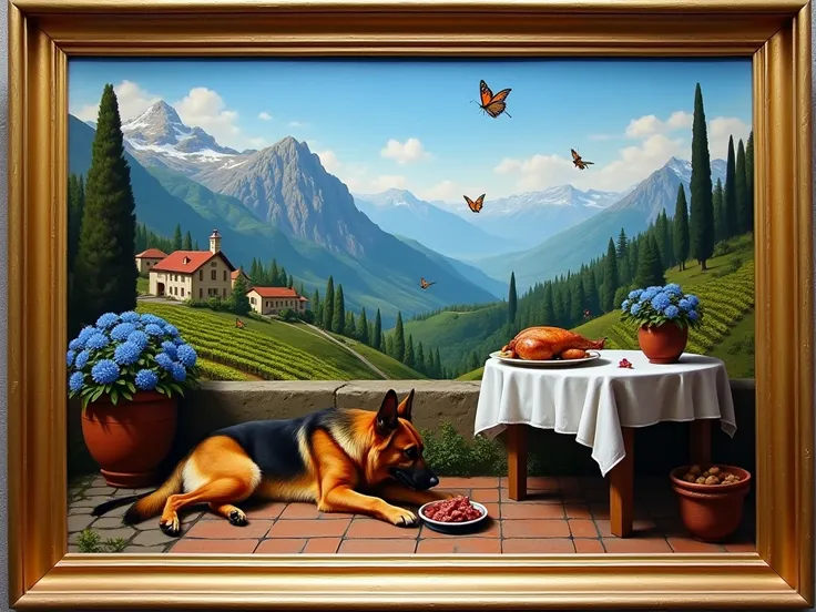 Create a masterpiece, best quality, in Italian Renaissance painting style. Background: Blue sky, high mountains with snowy peaks, coniferous forests on the mountain slopes, small Italian Alpine village, Vineyard countryside, birds flying.
(((1: German shep...