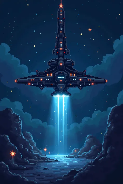 alien starship, pixel art style, blue color scheme