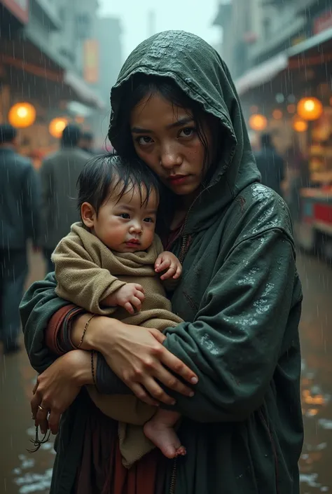  Mother begs and her baby begging in the market ,  the situation is rainy , The baby is  carregado em um pano surrado,  her hair is wet from the rain , The baby is , The mother is  ,  the clothes worn by the mother are torn and have holes,  masterpiece,  H...