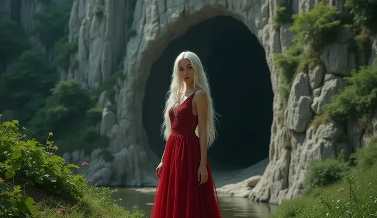 A beautiful  girl of 20 (green eyes. Red colour dress. White hairs) she is standing infront of cave realistic picture high quality .HD. High detailed