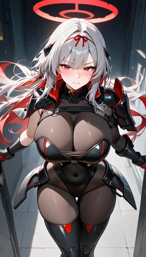 ((   TOP QUALITY))), (    Details), 8k, big breasts,    sex y ,   hyperbust    ,1 person,    exists,    sweated, ,   perfect eye,date, scrltbs , red eyes, long hair, grey hair, bangs, halo, headgear, red hair ribbon, single shoulder armor, black bodysuit, ...