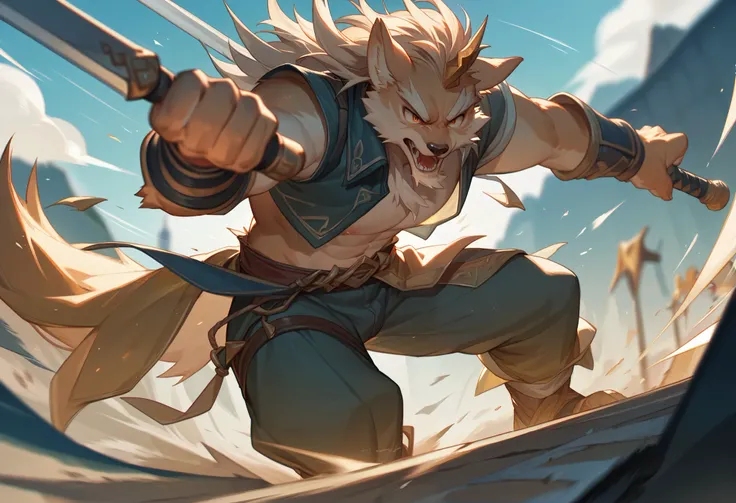 top quality, high-quality illustrations((masterpiece))depth of field, motion blur, absurdres, Perfect Anatomy, magnificent picture of kemono fighting fierce battles, kemono, 1boy, solo focus, Anthro((dramatic))epic, weapon, dynamic pose, One scene of movie...
