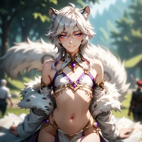 (Masterpiece), best quality, highest quality, highly detailed CG unity 8k wallpaper, original, high resolution, (depth of field: 1.5), fidelity: 1.3, solo focus, 1guy, male, shoulder length hair, white hair, purple eyes, white leopard ears and tail, femboy...