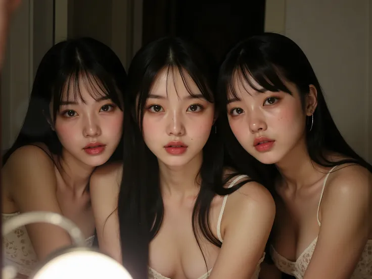 that, 3 garotaS, 3 irmãS, Selfie, S, Korean, Idol, thin , olhoS puxadoS, olhoS grandeS, franja Separada do lado direito ,  youthful appearance ,   light black hair  , detalheS eyeS, student , ÍriS,  Sorrindo, SorriSo, roSto arredondado,  youthful appearanc...