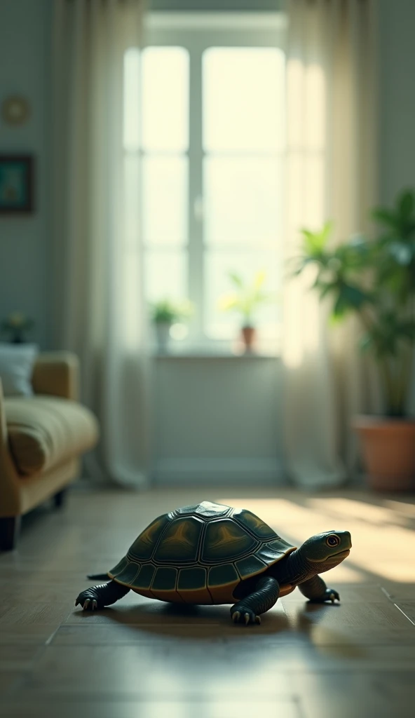 In the living room of a blurry house there is a turtle. 