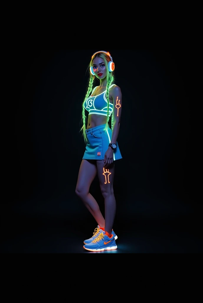 Create a full-body futuristic image, in cyberpunk style, of a beautiful Russian or Ukrainian woman, with white skin and blonde hair braided in fluorescent neon green. The woman should be wearing a blue sports miniskirt and futuristic accessories. Her eyes ...