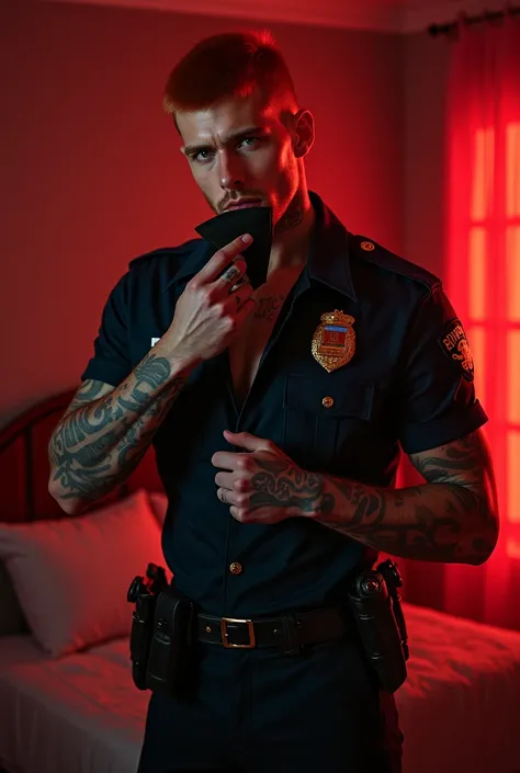 He's a 28-year-old  , red-haired, buzz cut, plump lips,  light-skinned textured , freckles, marked jaw, tabby, Trimmed goatee ,  green eyes, tattooed,  wearing a sexy cop costume in a bedroom in an apartment red lights and him holding accessories a pair of...