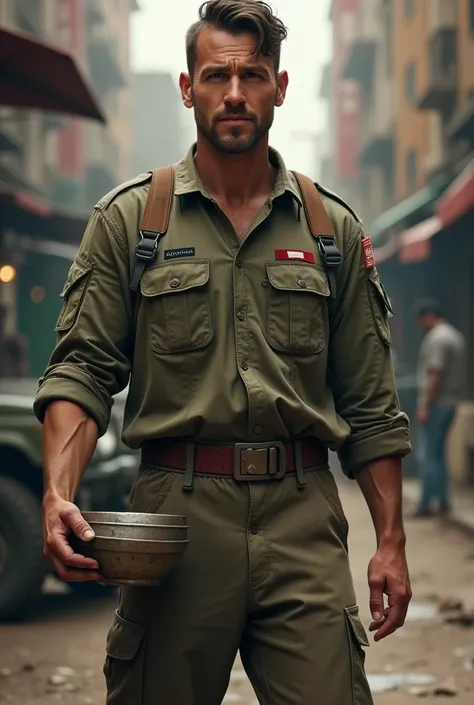 A more modern solider looking tired but happy with his sleeves rolled up and holding the bowl by his side