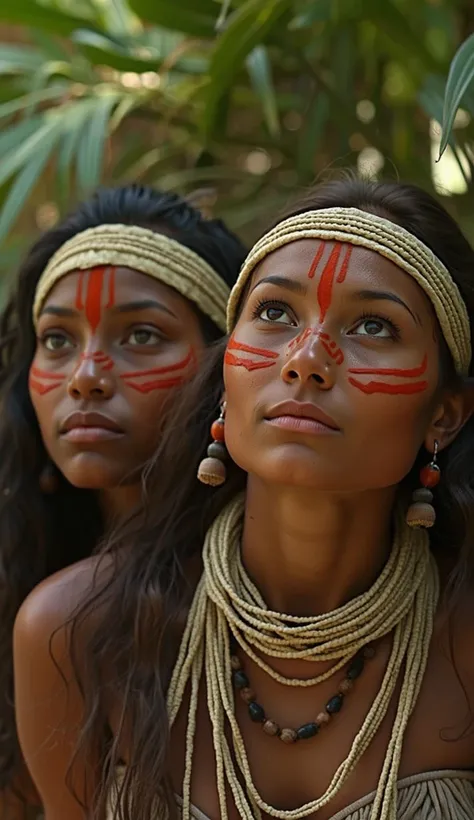 Two young Indigenous women, likely in their late teens or early twenties, with medium skin tones and dark hair,  are depicted in a close-up, natural setting.  Their faces are adorned with intricate,  reddish-orange tribal face paint, creating striking patt...