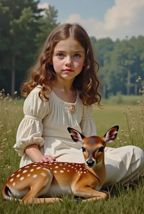  Image of classical painting in proportion 1 :1.  A seven-year-old girl has blue eyes and brown semi-long hair. Szczupła z wiankiem na głowie.  Sitting on the grass in the distance forest . Next to her lies a small deer . 