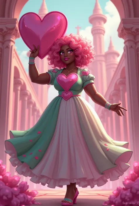 Draw me a girl with a large figure and curvy shapes, who is holding a large shield in the shape of a heart in her hand. The girl should have pink, short curly hair, she should have pink eyes and dark skin. She should be wearing a wide, large dress in pink,...